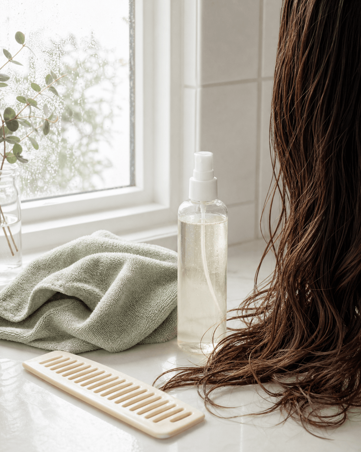 A wide-tooth comb, microfiber towel, leave-in bottle, and damp hair beside a bathroom window.