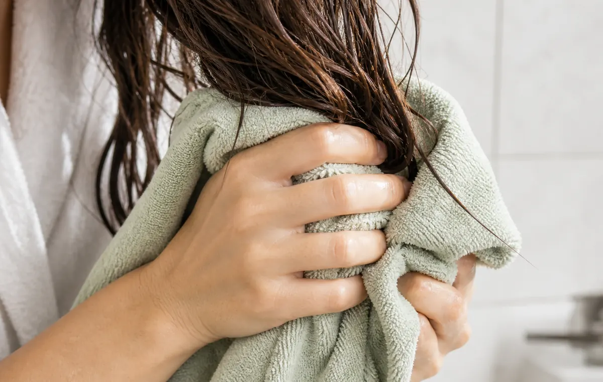 Hands gently squeezing damp hair with a pale green microfiber towel.