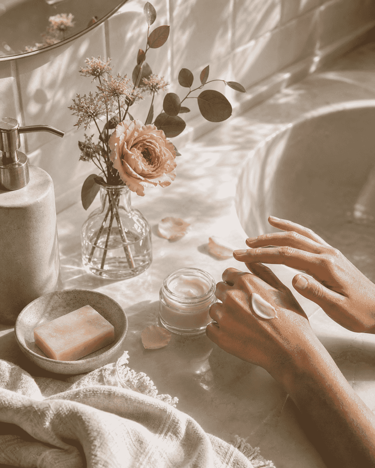 A quiet sink with skincare, flowers, and morning light on tile.