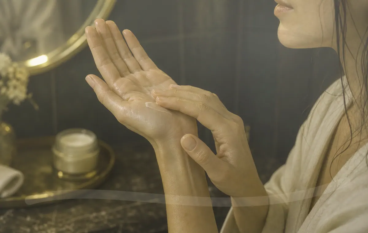 A hand smoothing cream into the back of the other hand near a window.