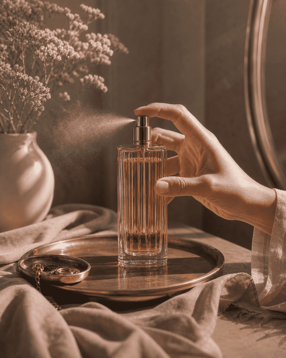 A perfume bottle on a brass tray with pale fabric and soft flowers.
