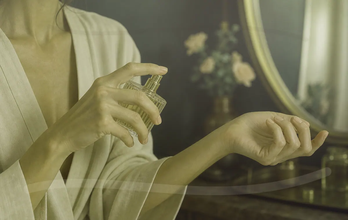 A wrist being scented beside a perfume bottle.