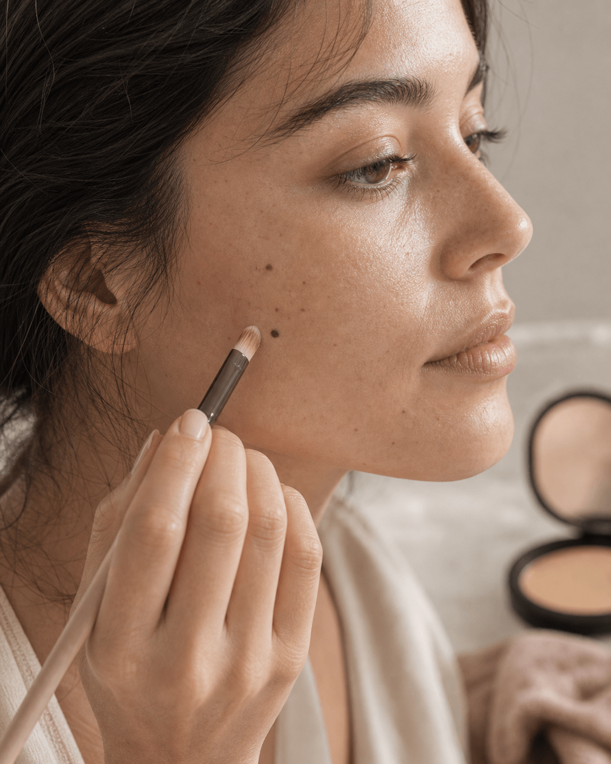 A close vanity setup with concealer, small brush, and soft mirror light.