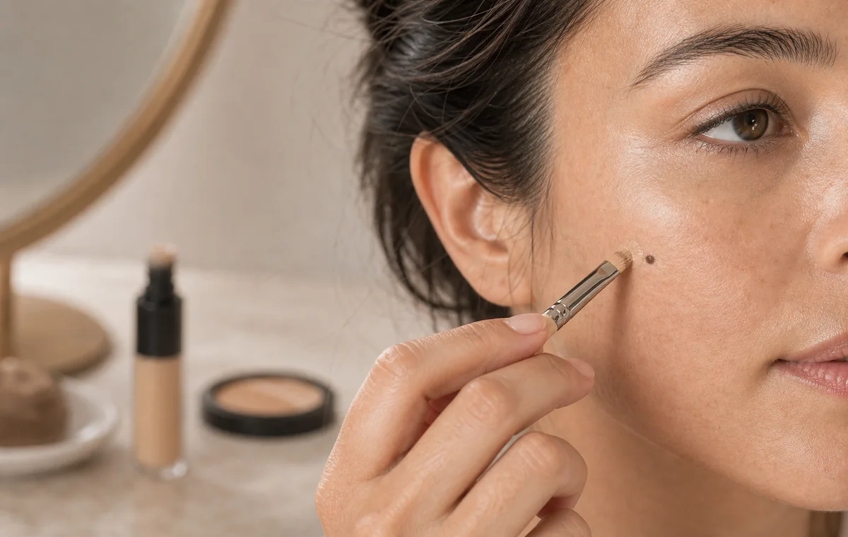 A small brush placing makeup around a natural beauty mark.
