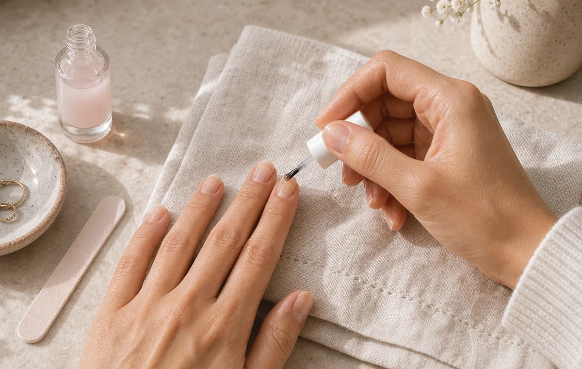 Hands applying cuticle oil beside a pale nail polish.