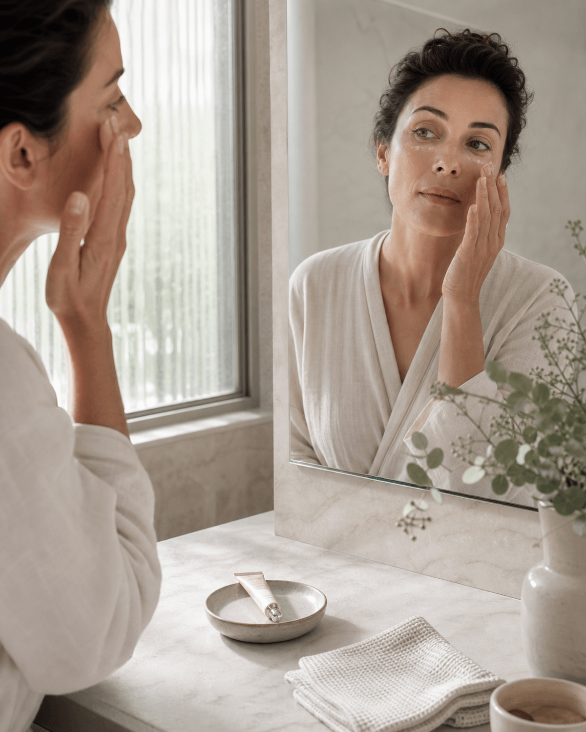 A small eye cream tube beside a mirror and folded towel in warm bathroom light.