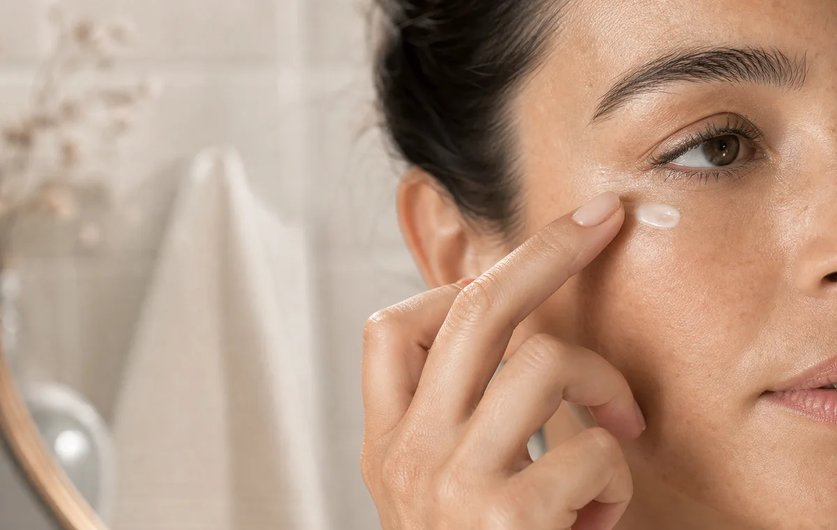 A fingertip tapping cream gently under the eye.