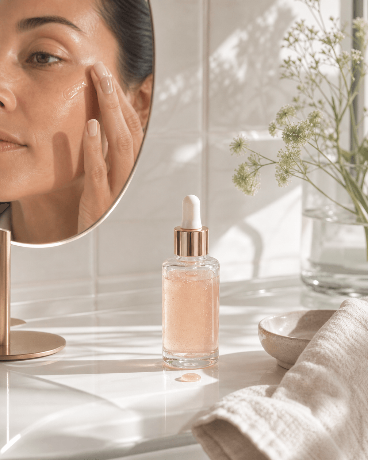 A serum bottle on a bathroom shelf with soft morning light.
