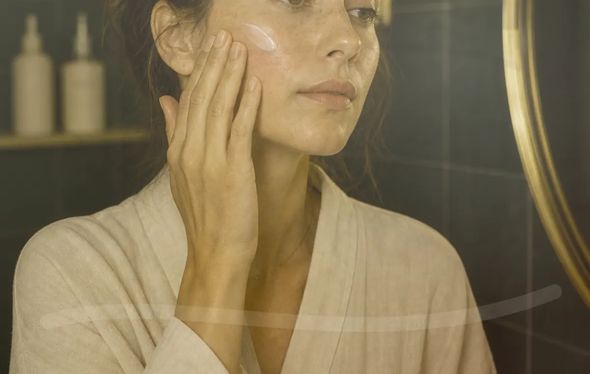 A drop of serum being pressed between clean fingertips.