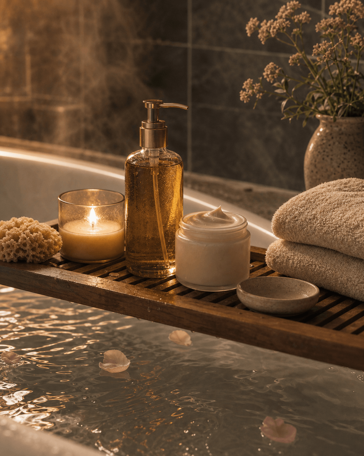 A bath tray with body oil, cream, and folded towels in soft light.