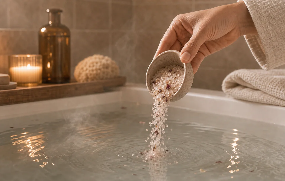 A hand pouring bath soak into warm water.