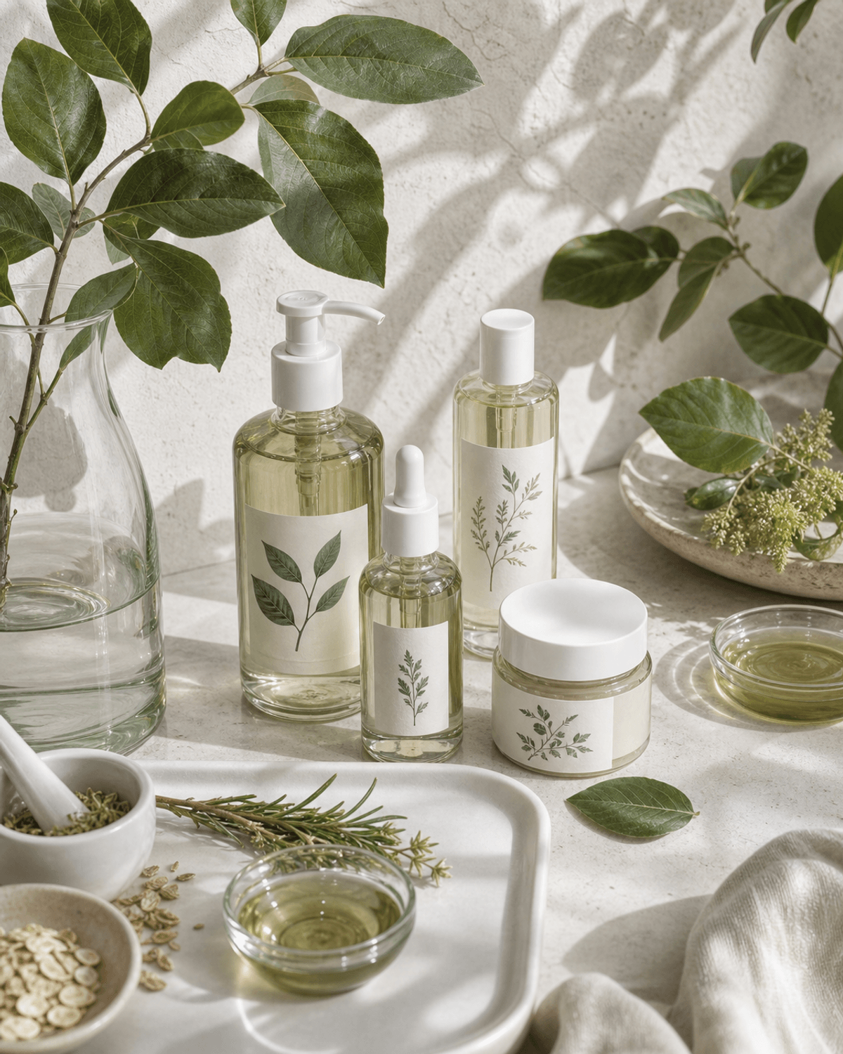 A simple skincare shelf with glass bottles, cotton towels, and green leaves.