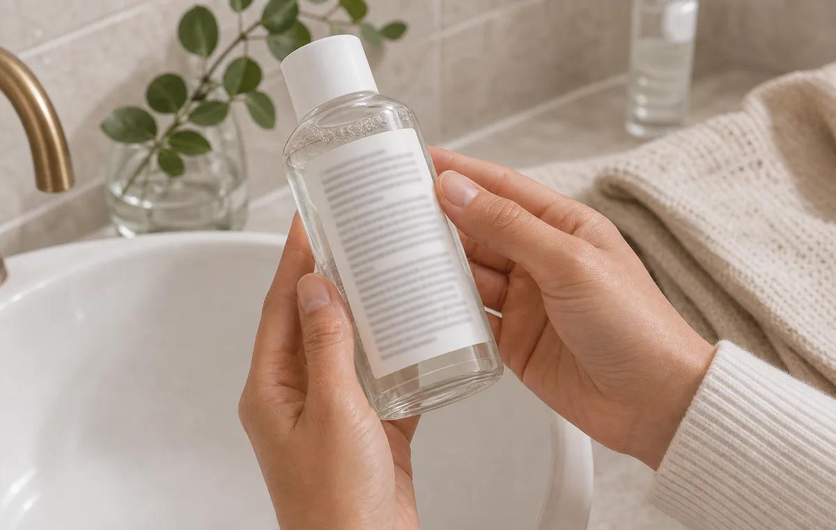 Hands reading a skincare label beside a sink.