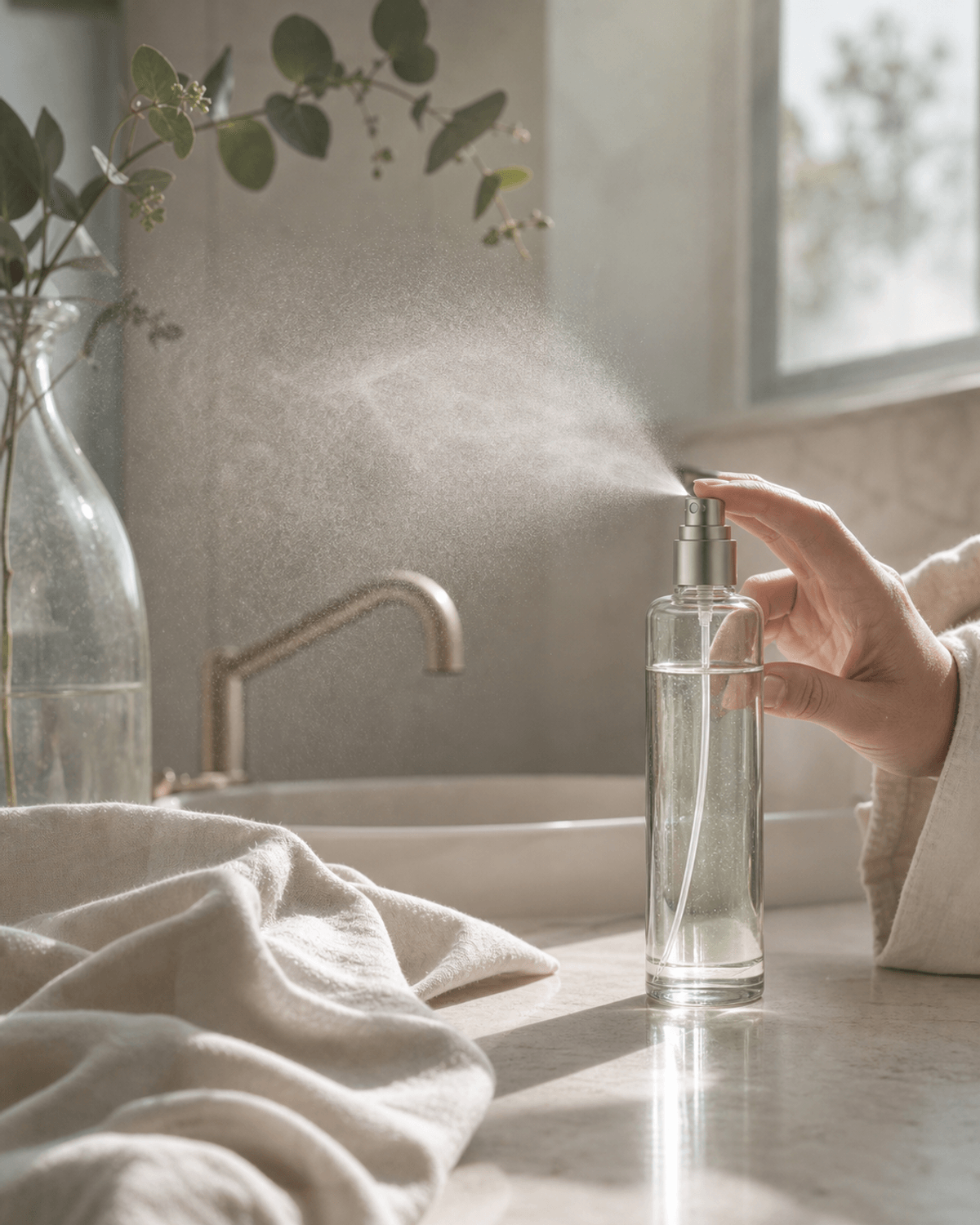 A glass face mist bottle beside a linen towel and small dish.