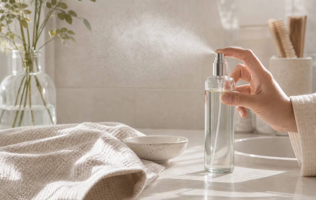 A light facial mist sprayed into the air above a bathroom counter.