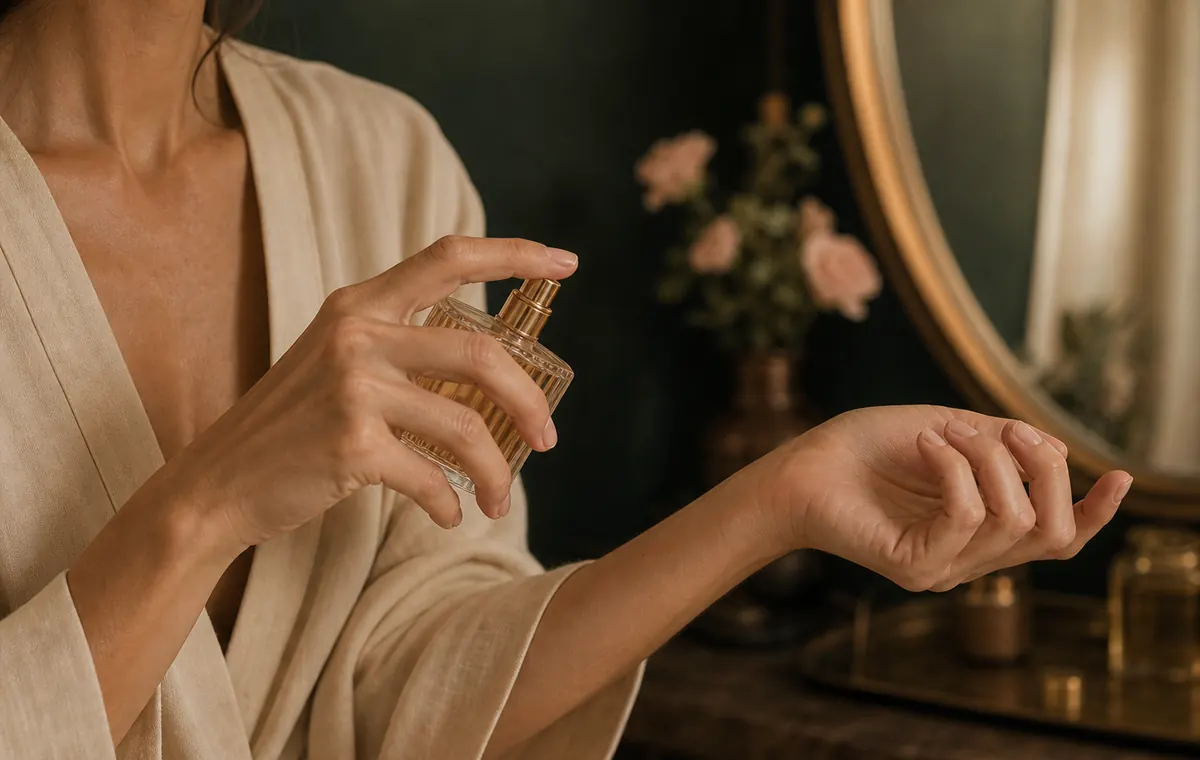 A wrist being sprayed with fragrance beside a vanity mirror.