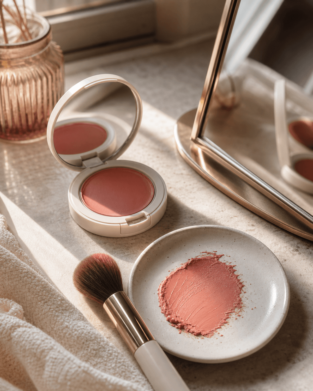 An open blush compact, brush, mirror, and cream pigment on a dressing table.