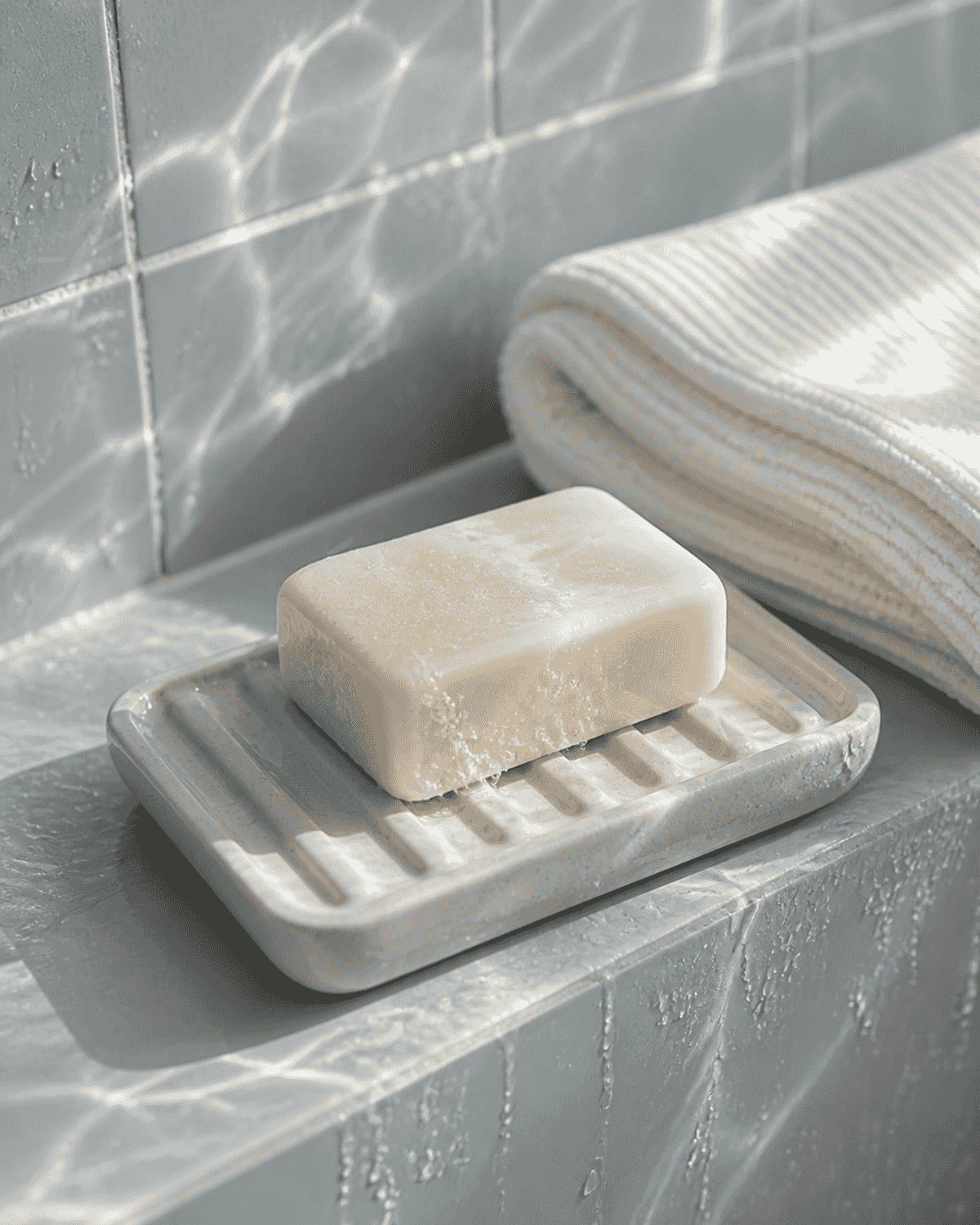 A cream-colored beauty bar on a soap dish beside a folded towel.