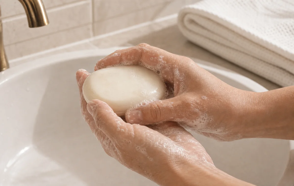 Hands lathering a beauty bar under warm shower water.