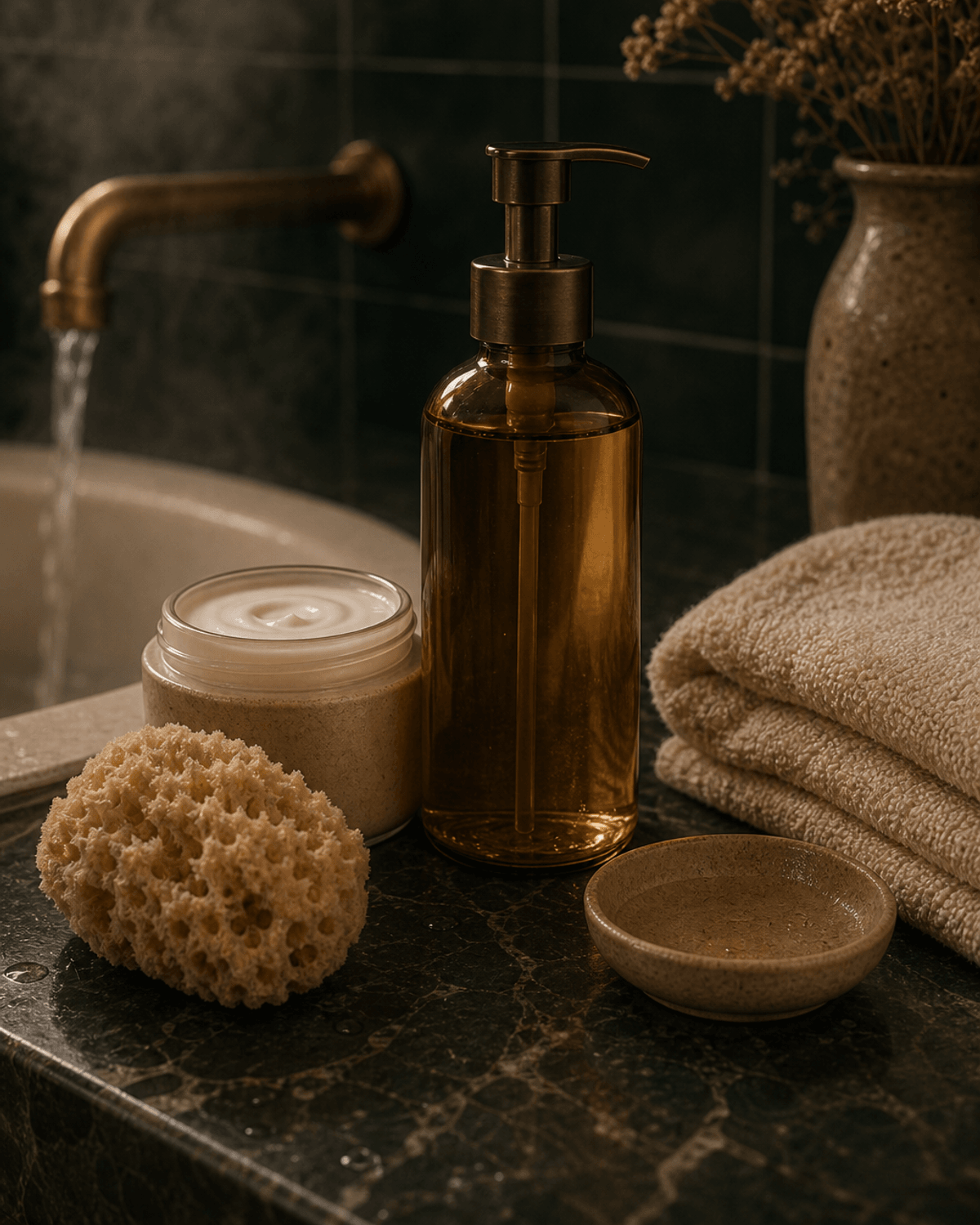 A bath and body product still life with body oil, cream, sponge, folded towel, and warm tile.