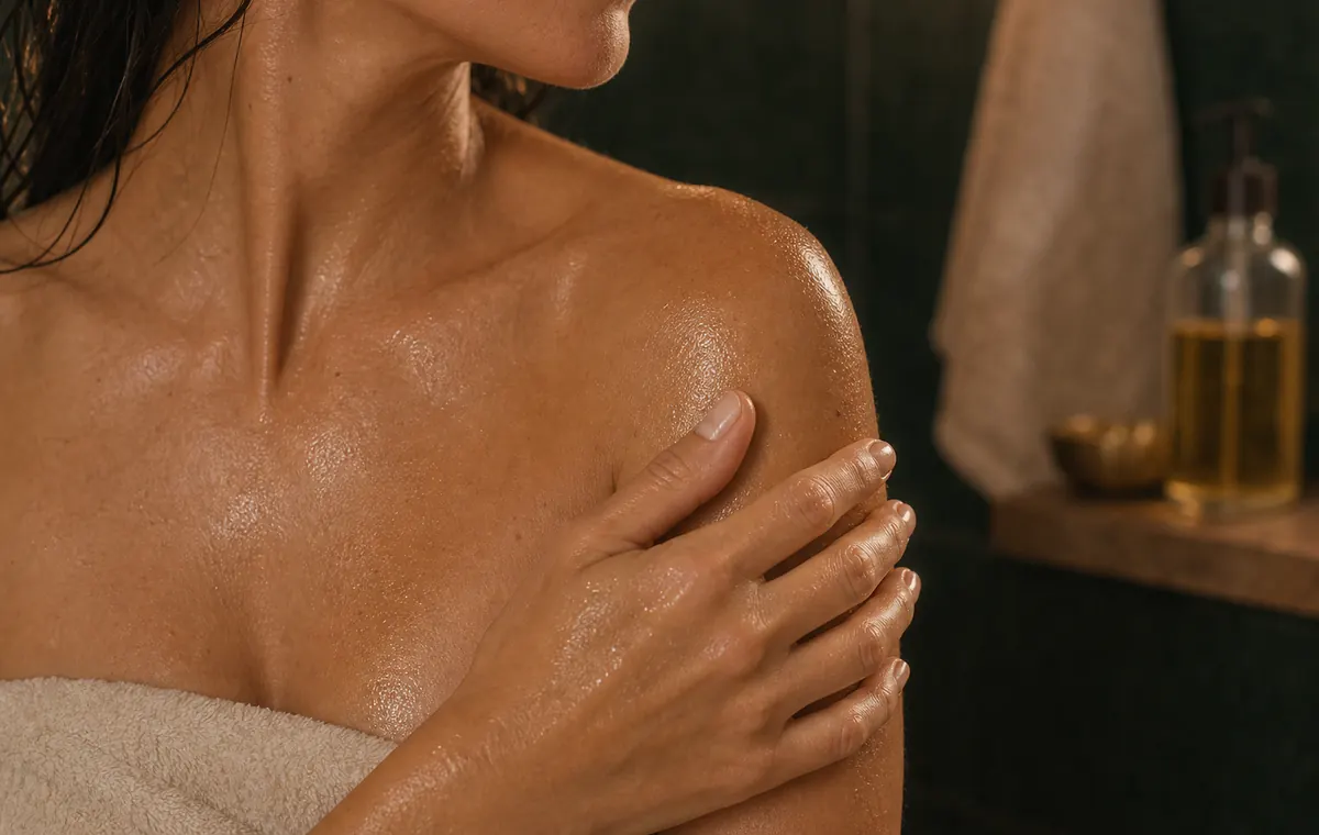 A hand applying body oil to the shoulder after a shower.