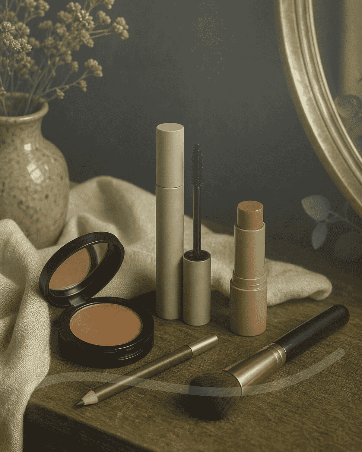 A neatly edited beauty counter with skincare, makeup, fragrance, and a hand towel.