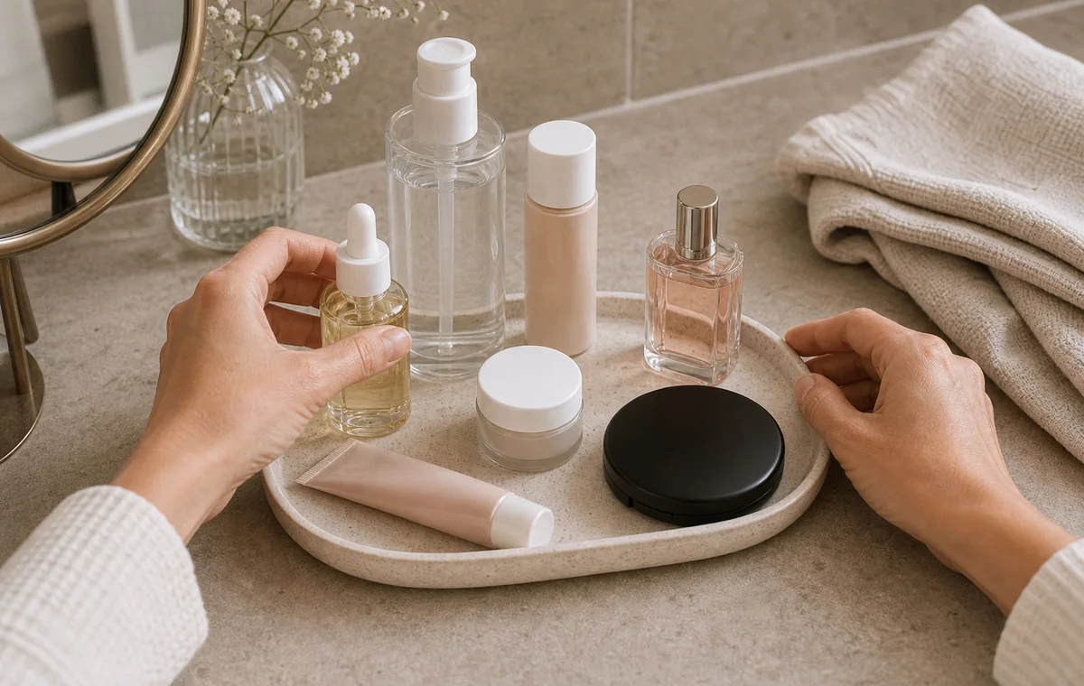 Hands arranging a small tray of daily beauty products.