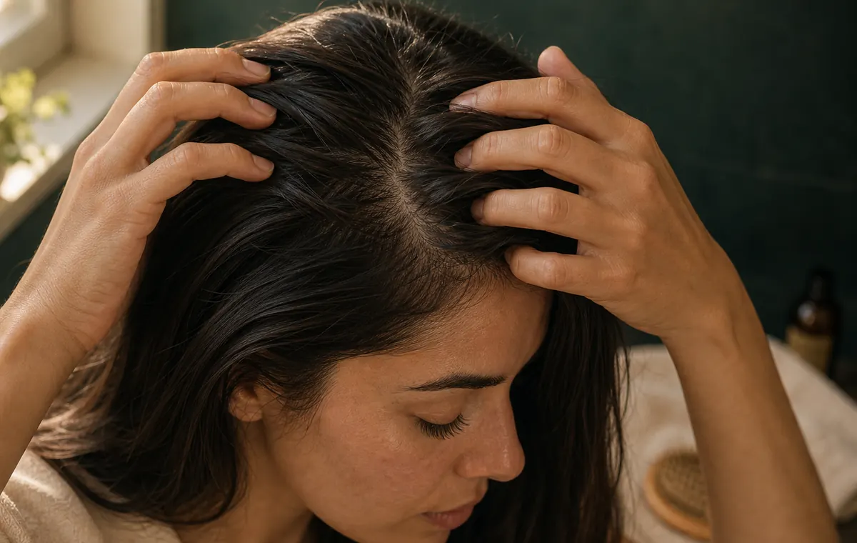 Hands sectioning hair gently before a scalp massage.