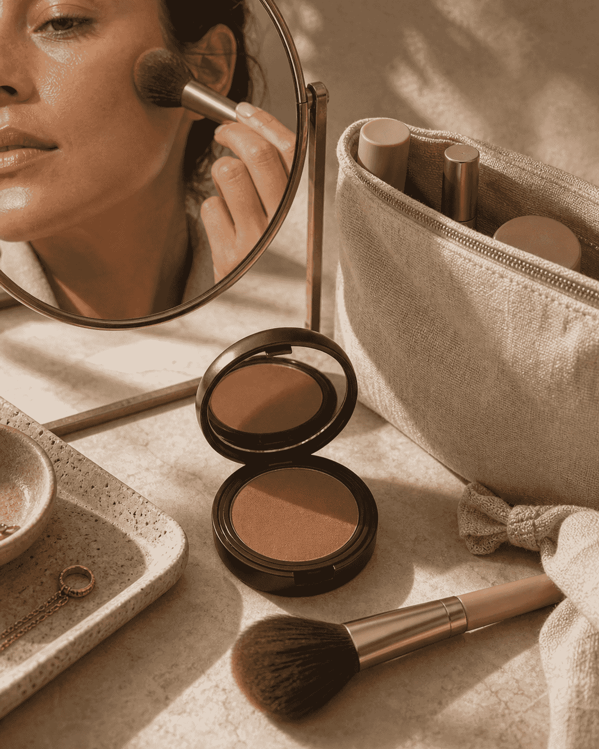 A compact bronzer, brush, and small mirror on a dressing table.