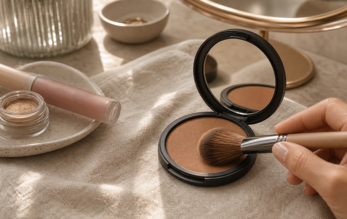 A soft brush touching bronzer before application.