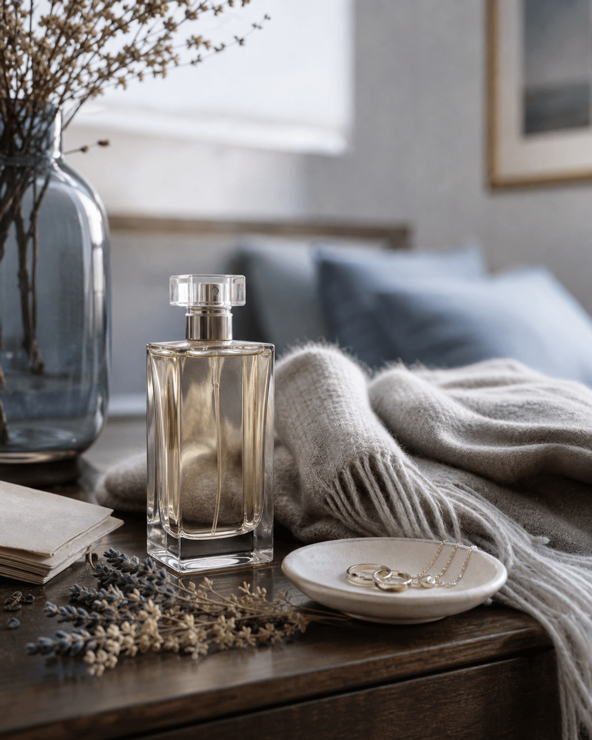 A perfume bottle beside a wool scarf, jewelry dish, dried herbs, and bedroom dresser.
