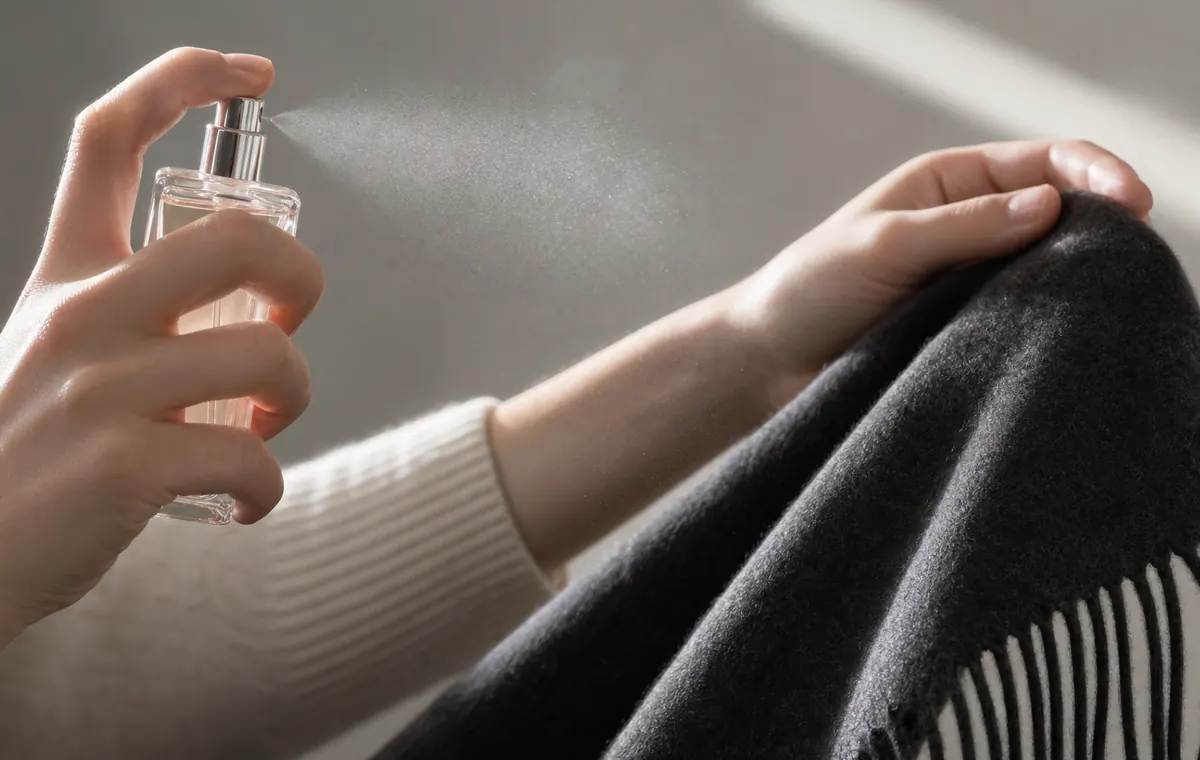 Hands spraying perfume lightly onto a wool scarf in clean side light.
