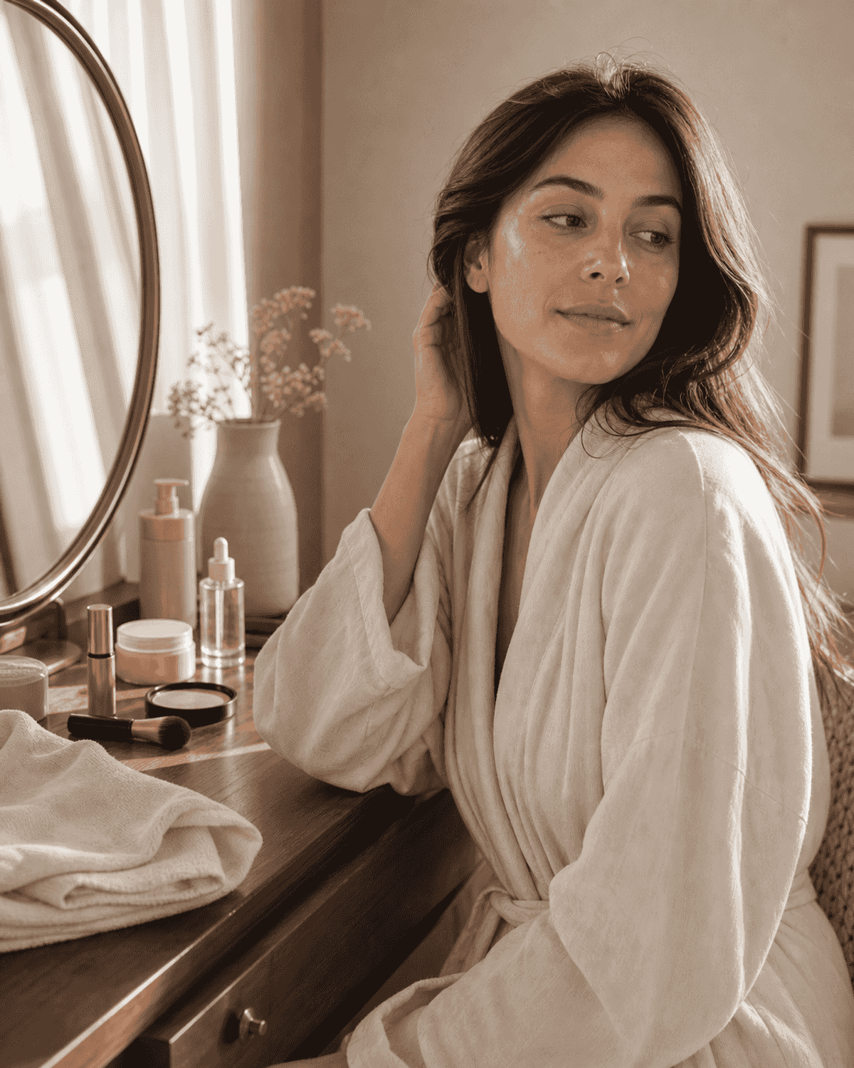 A calm bathroom mirror with skincare, a comb, and a soft towel.