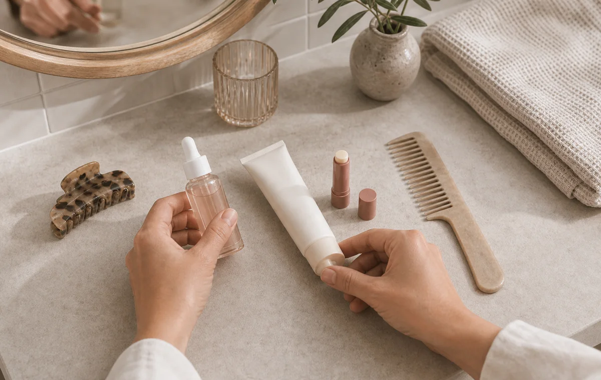 Hands arranging a small set of everyday beauty products.