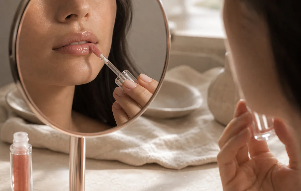 A hand applying glossy lip oil in a small mirror.