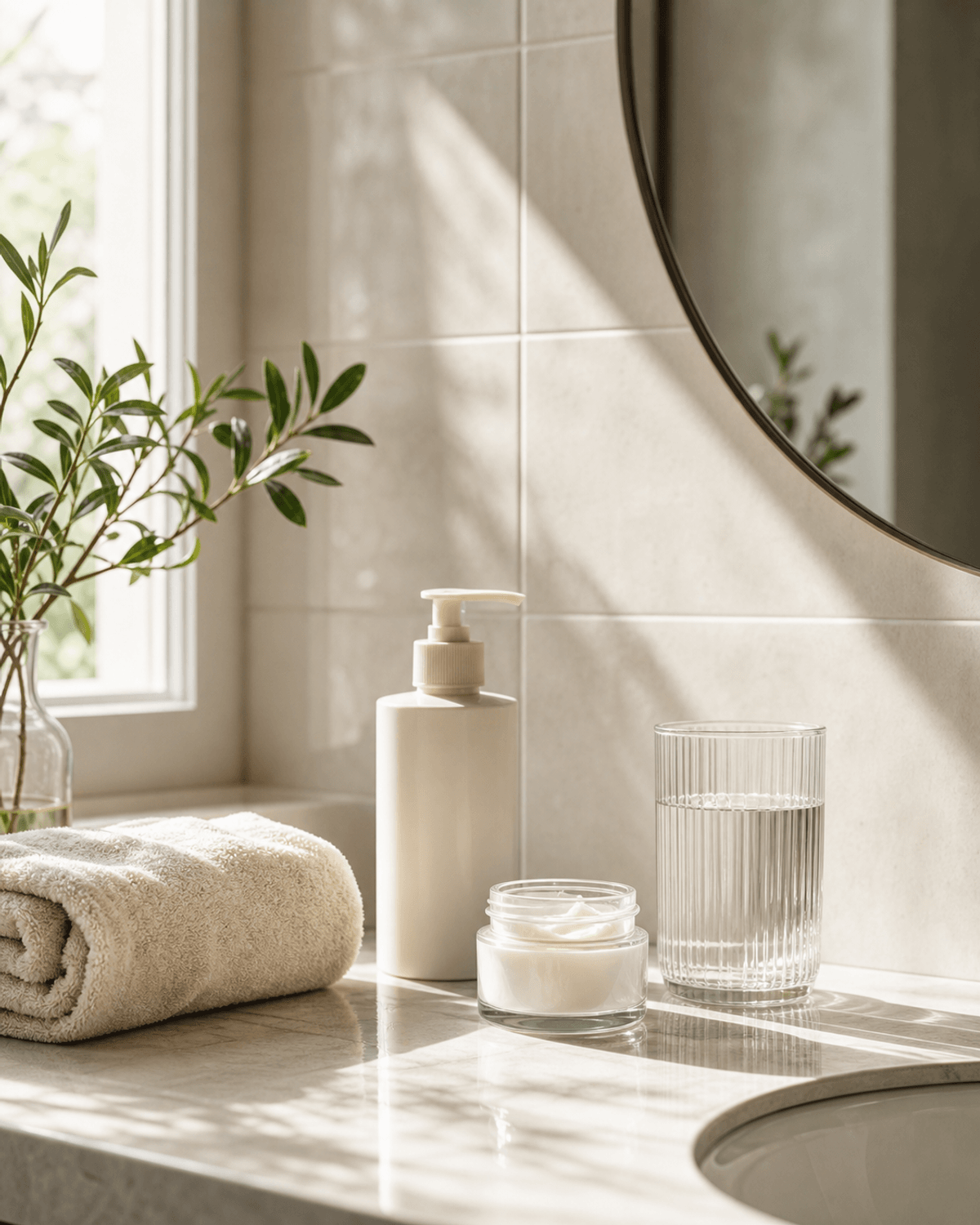 A calm bathroom vanity with cleanser, moisturizer, towel, and morning light.