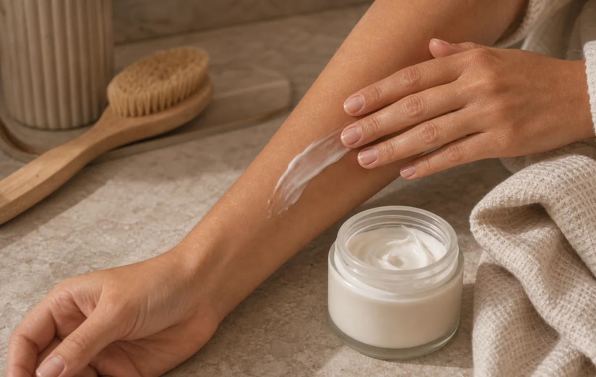 A hand smoothing body cream over the forearm.