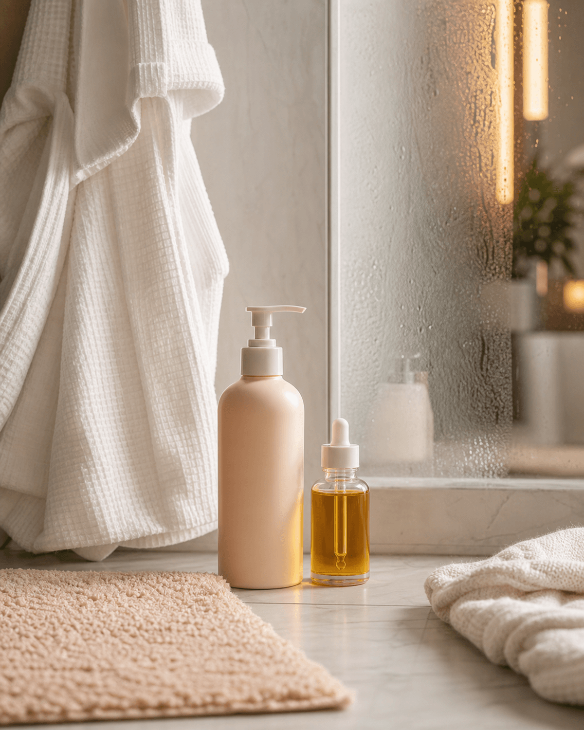 A robe, body lotion pump, body oil, bath mat, and steamed bathroom mirror edge.