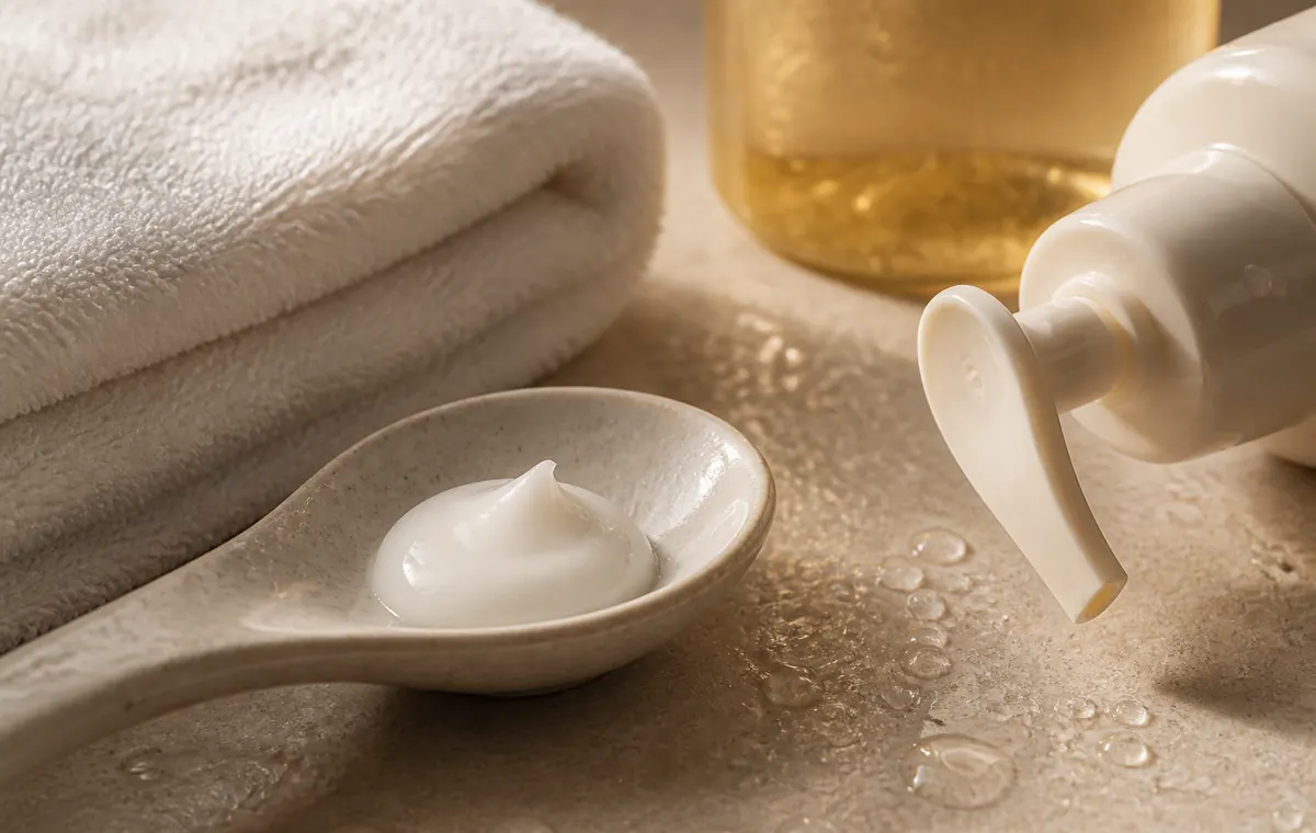 A pearl of body lotion on a ceramic spoon beside a damp towel and warm stone.