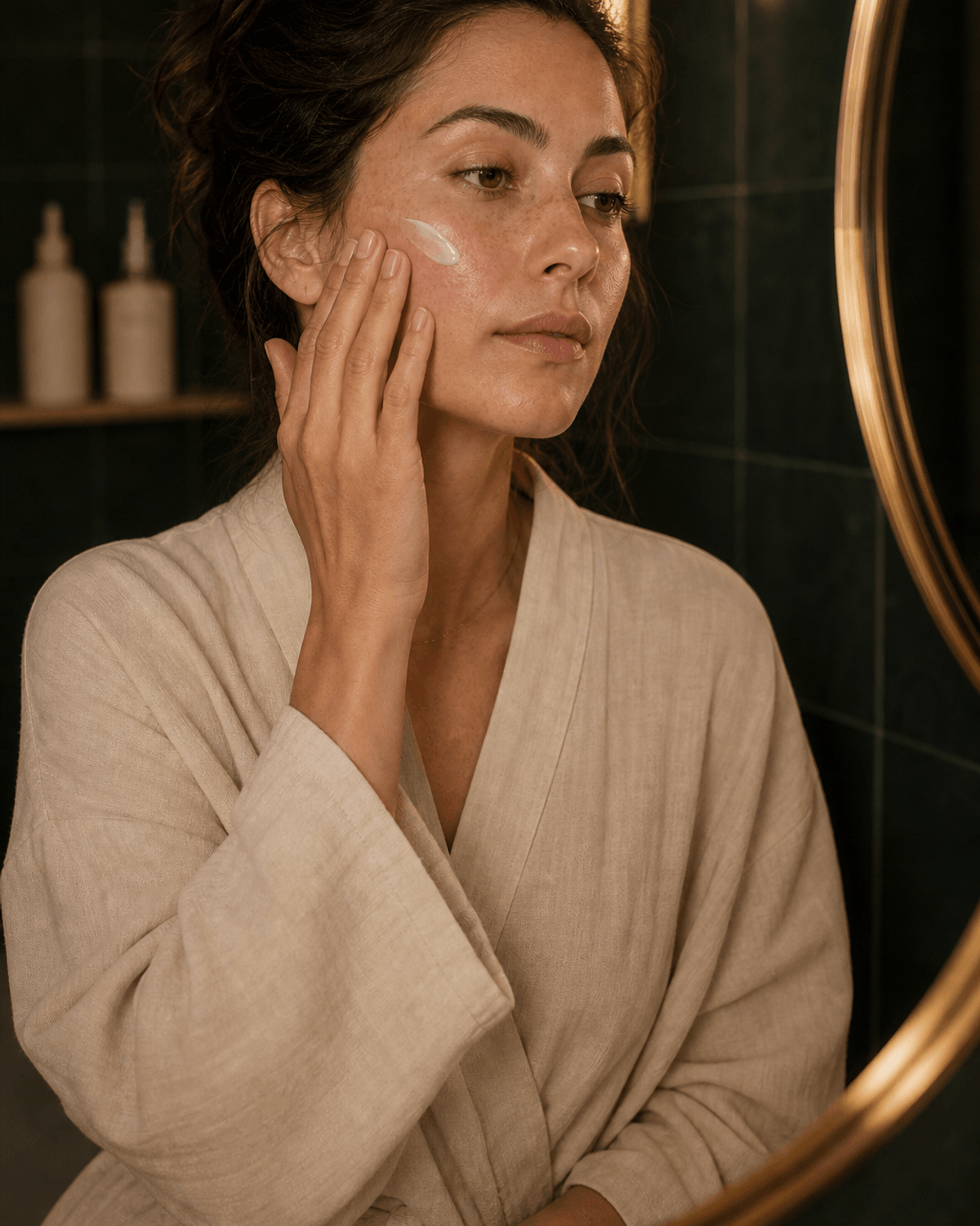 A person applying skincare in a warm bathroom mirror.