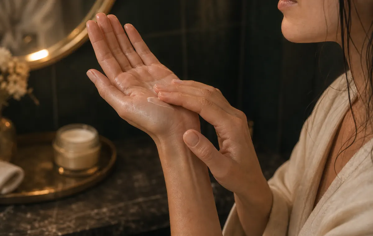 Hands warming moisturizer before applying it to the face.