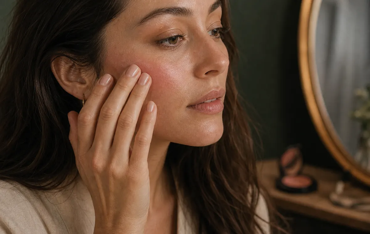 A hand blending cream blush near a mirror.