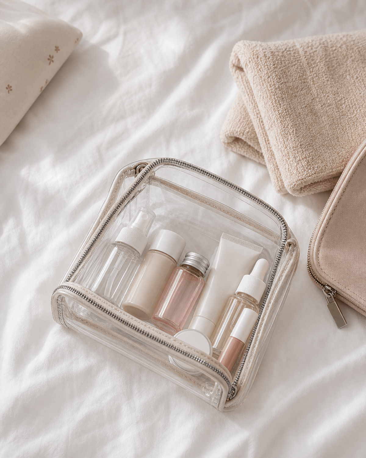 A clear travel pouch with small beauty products on a bed.
