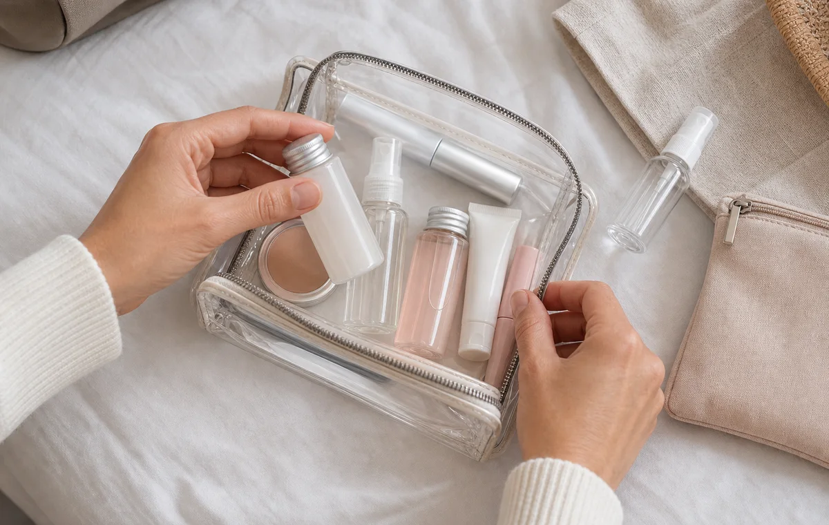 Hands arranging travel-size skincare and makeup in a clear pouch.