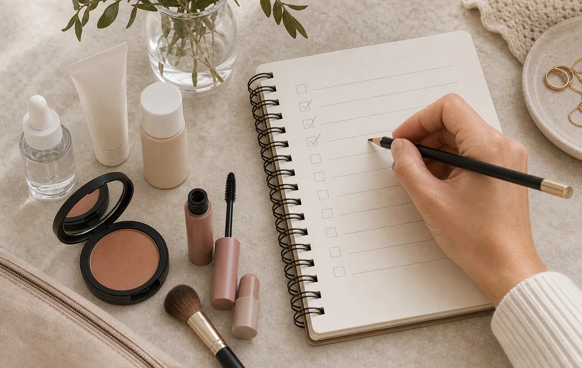 Hands crossing items off a beauty sale list.