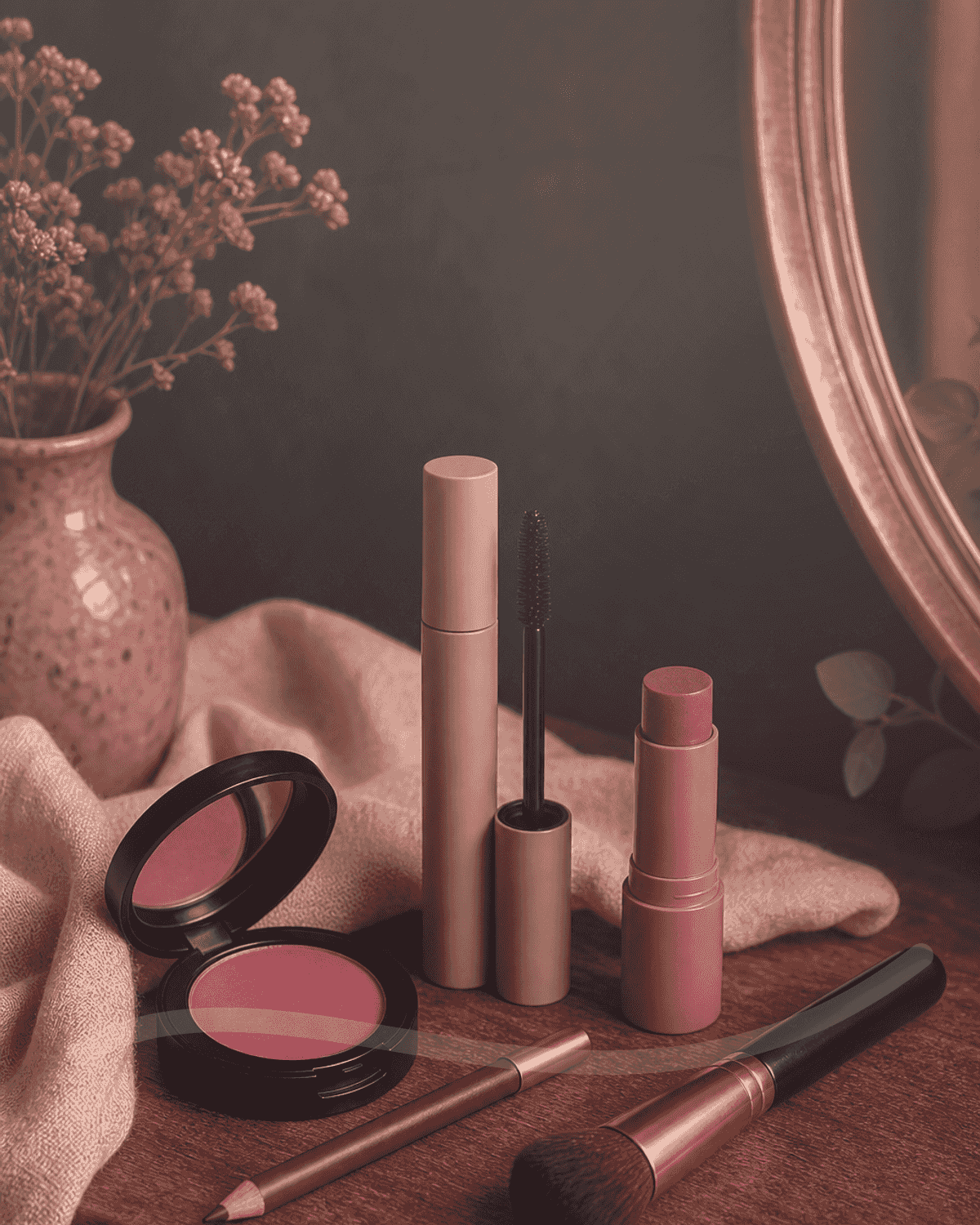 Small sample-size beauty products beside a birthday card and ribbon.