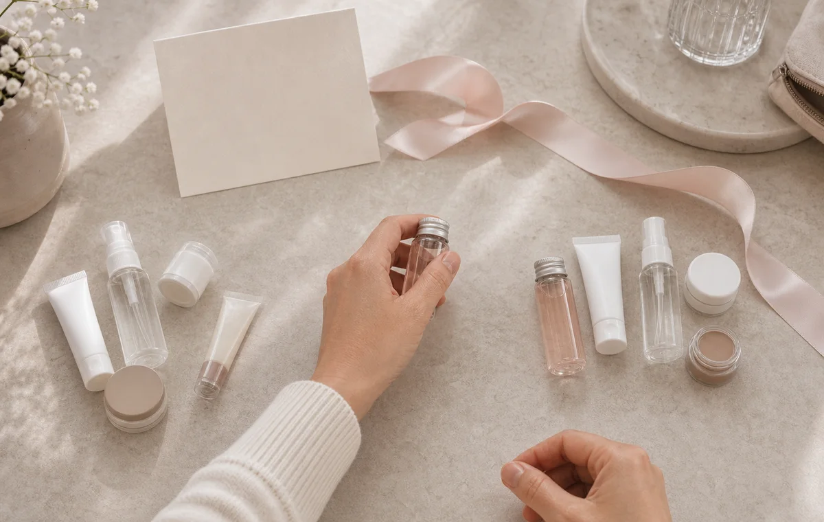 Hands sorting mini beauty samples into keep and pass piles.