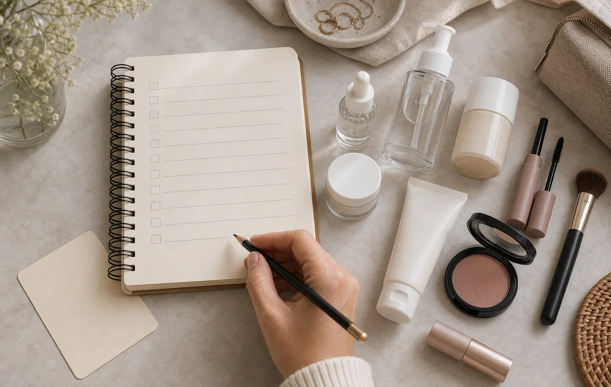 A notebook list beside makeup and skincare on a counter.