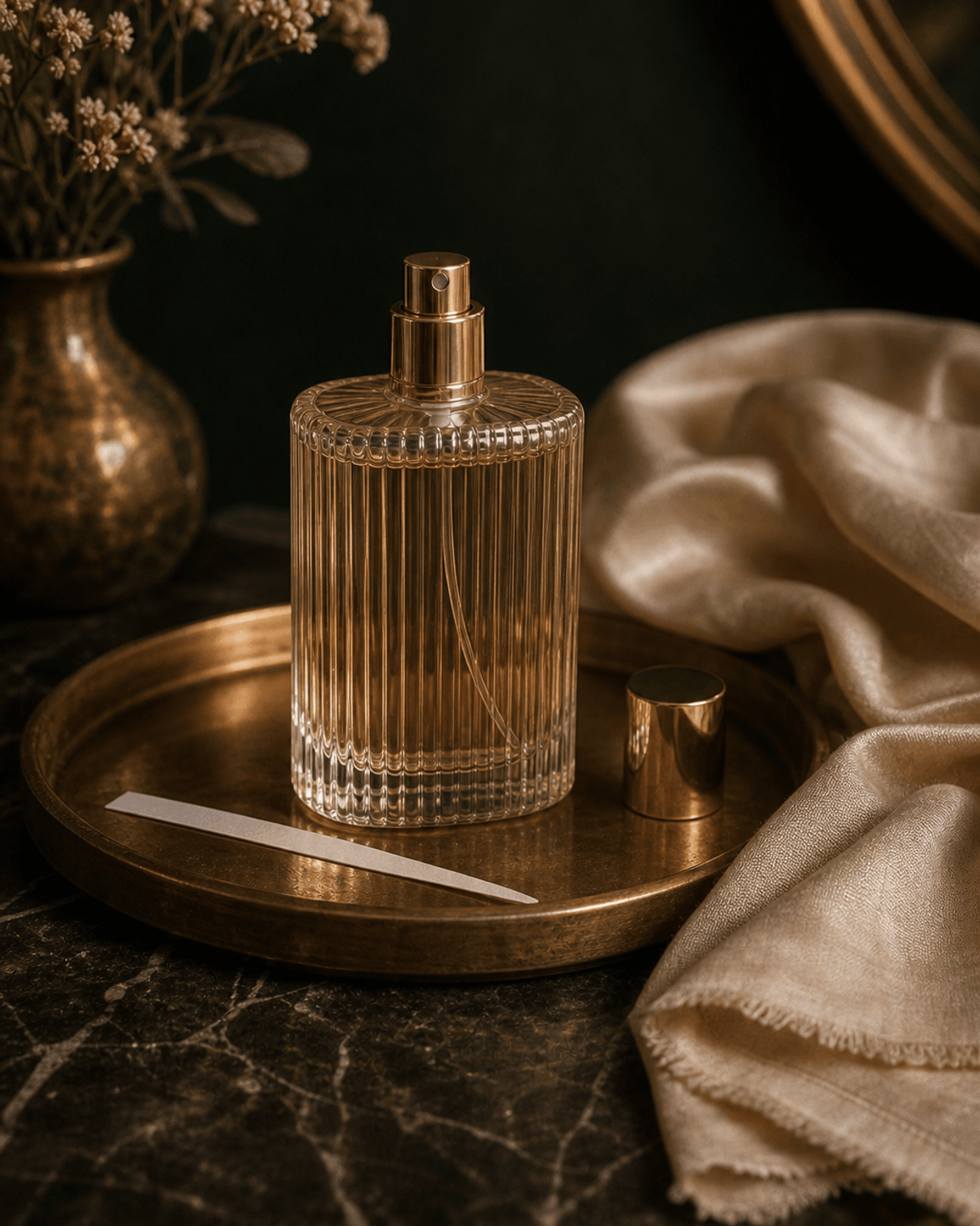 A fragrance bottle still life on a brass tray with silk fabric and soft flowers.