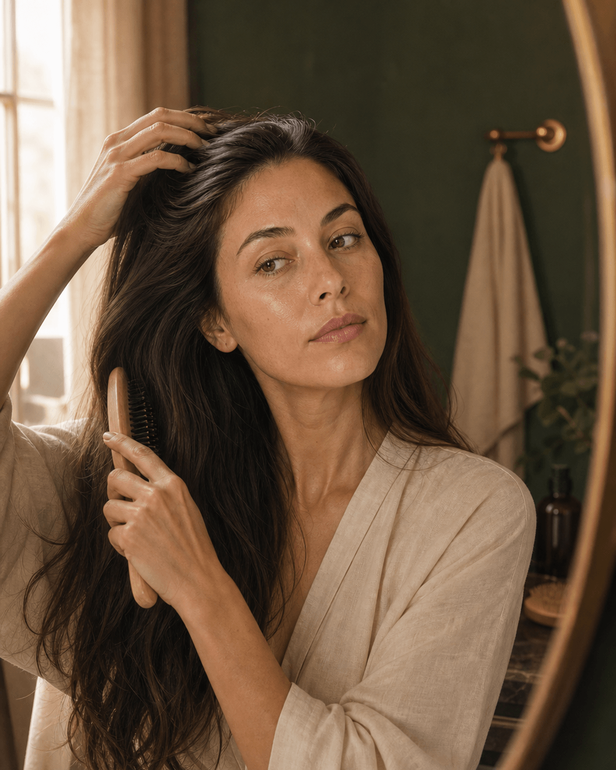 A person brushing glossy hair near a bathroom window.